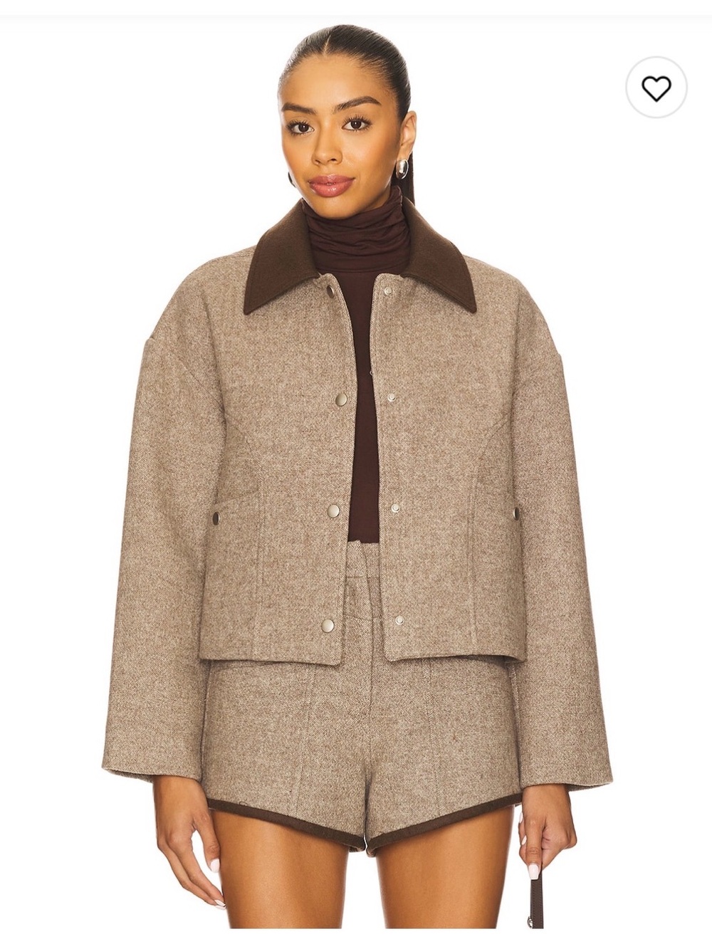 Line & Dot Taupe Cropped Wool-Blend Jacket and Shorts with Dark Brown Collar